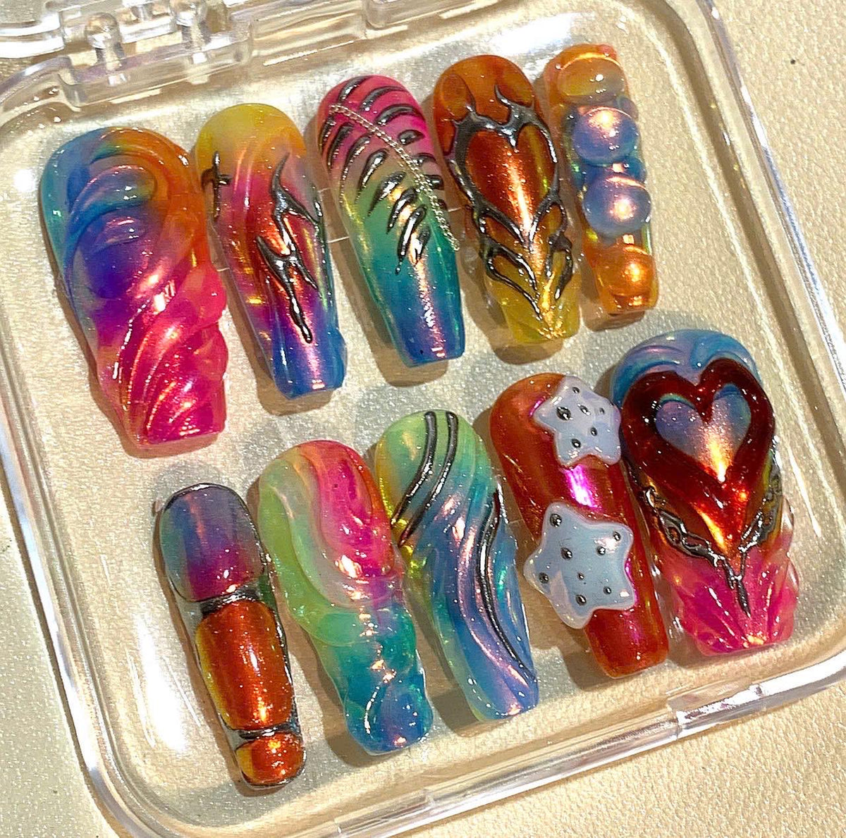 Rainbow Holographic Press On Nails: 3D Heart & Star Coffin Nail Art