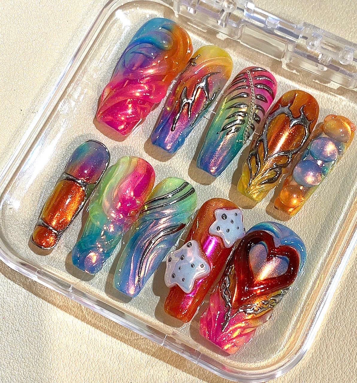 Rainbow Holographic Press On Nails: 3D Heart & Star Coffin Nail Art