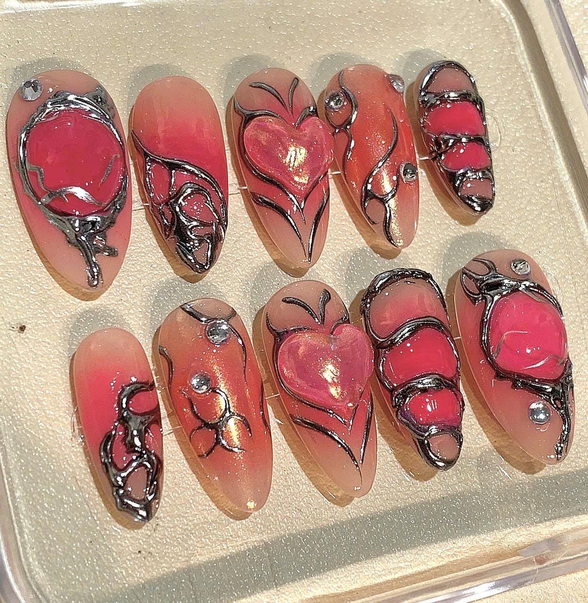 Handmade Gothic Red & Black Stiletto Press On Nails: 3D Nail Art Set