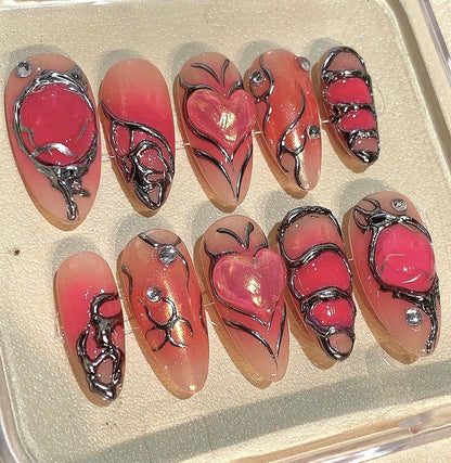 Handmade Gothic Red & Black Stiletto Press On Nails: 3D Nail Art Set