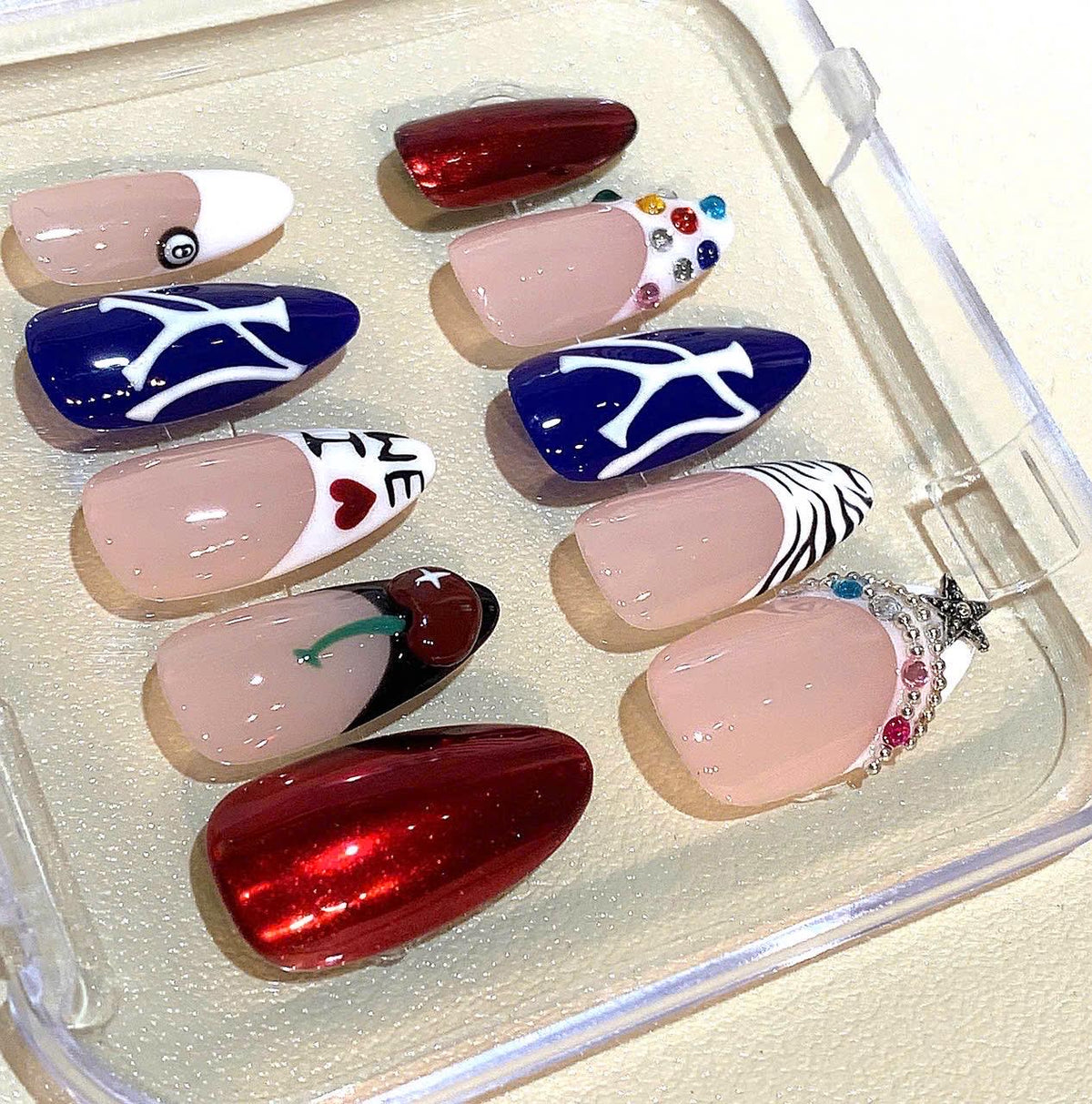 Handmade New York Press On Nails: Red, White & Blue Cherry Nail Art