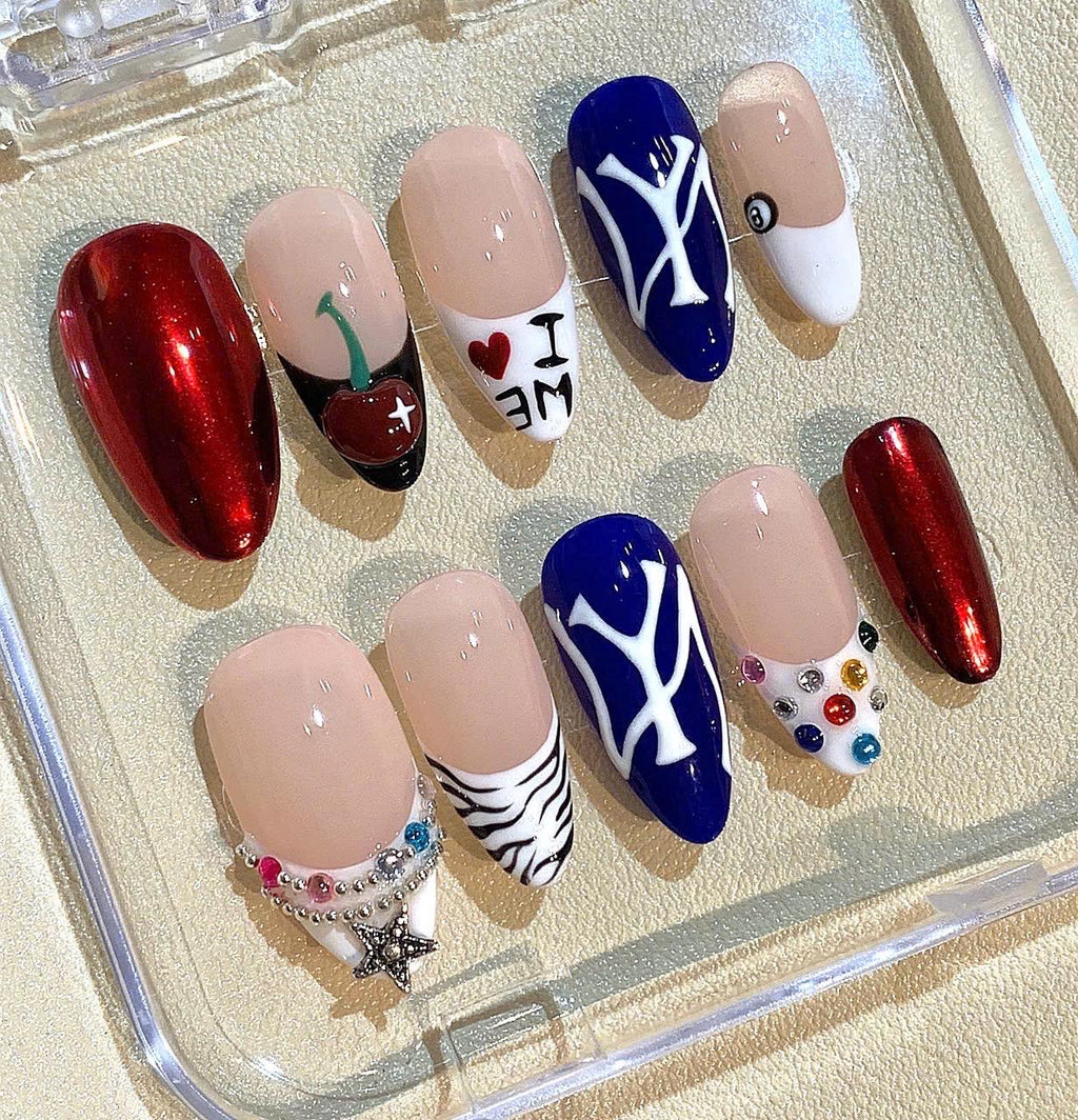 Handmade New York Press On Nails: Red, White & Blue Cherry Nail Art