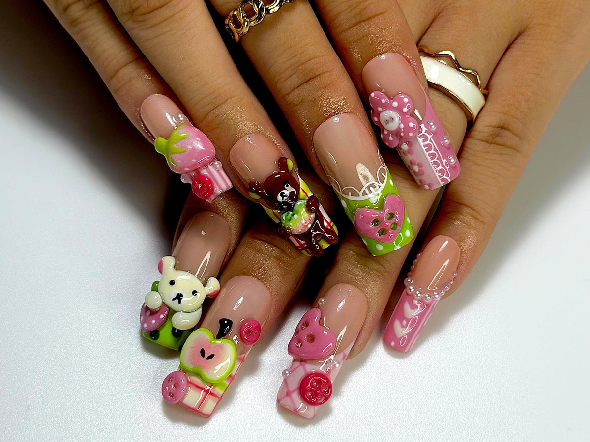 Kawaii Bear Candy Press On Nails | 3D Cute Apple Cherry Nail Art | Pastel Pink Green Y2K Vibes | Cartoon Dessert-Inspired Nails  | JB986EC