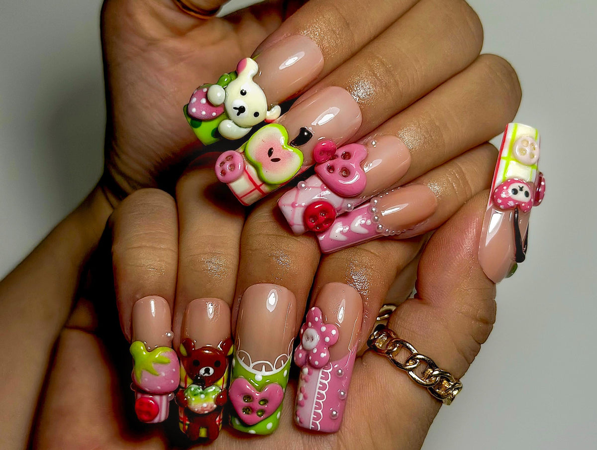 Kawaii Bear Candy Press On Nails | 3D Cute Apple Cherry Nail Art | Pastel Pink Green Y2K Vibes | Cartoon Dessert-Inspired Nails  | JB986EC