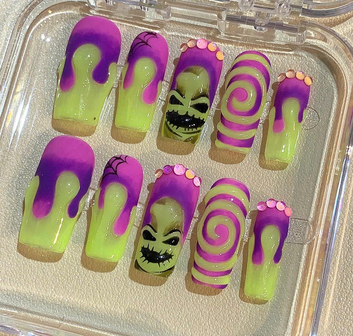 Halloween Press On Nails: Oogie Boogie Inspired Glow-in-the-Dark False Nails