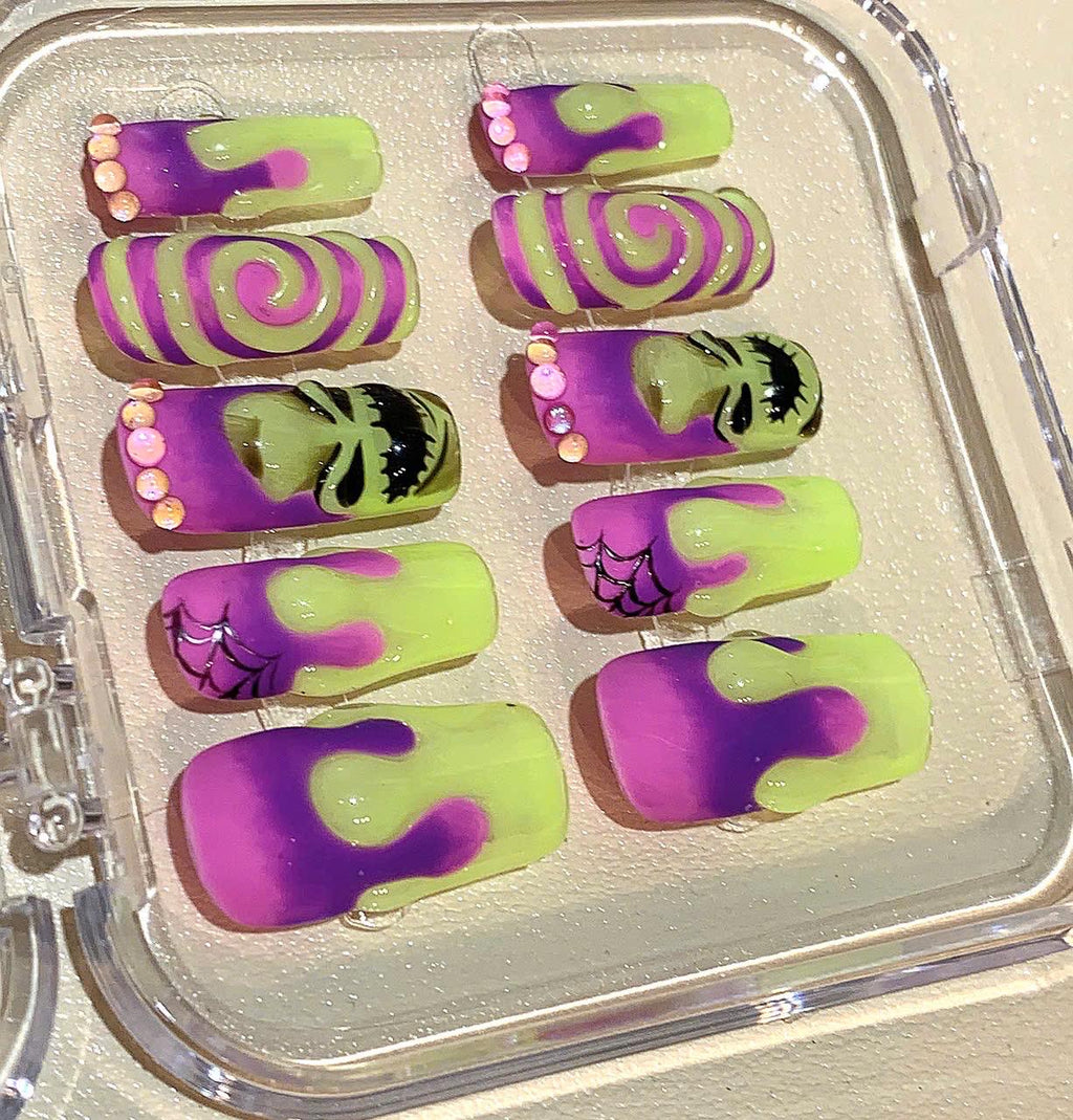 Halloween Press On Nails: Oogie Boogie Inspired Glow-in-the-Dark False Nails