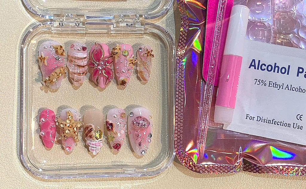 3D Seashell Press On Nails: Pink Beige Mermaid Nail Art