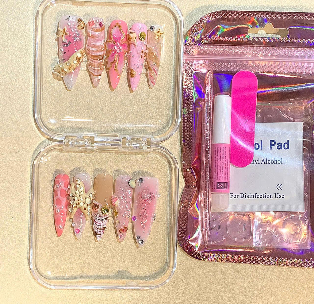 3D Seashell Press On Nails: Pink Beige Mermaid Nail Art