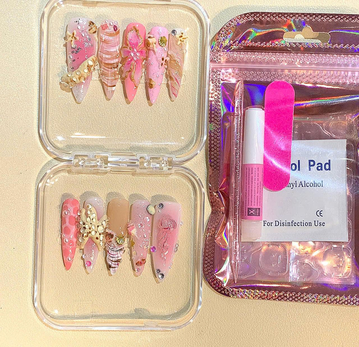 3D Seashell Press On Nails: Pink Beige Mermaid Nail Art