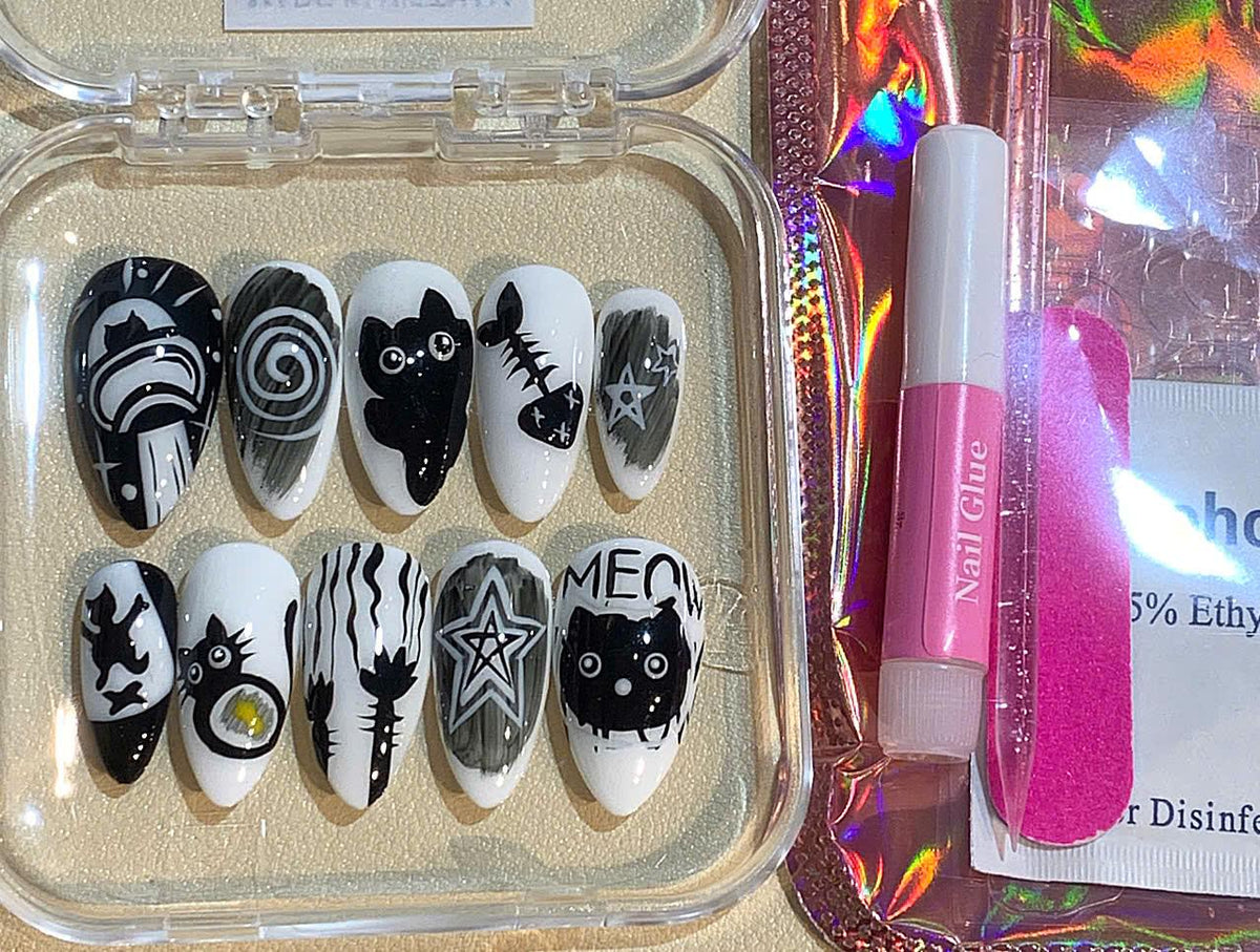 Black and White Cat Press On Nails: Goth Kawaii Handmade Nail Art