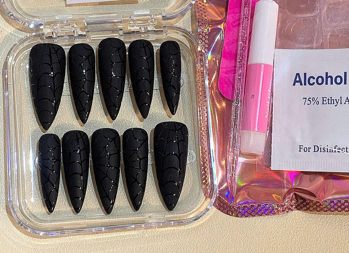 Black Spider Web Press On Nails: Gothic Stiletto Halloween Nail Art