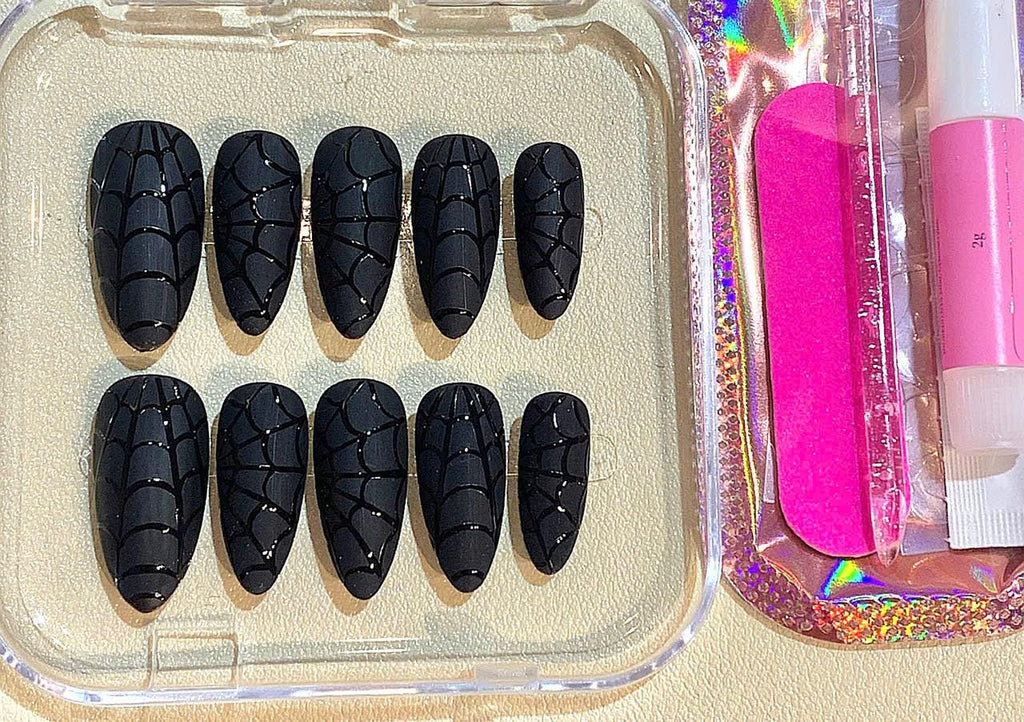 Black Spider Web Press On Nails: Gothic Stiletto Halloween Nail Art