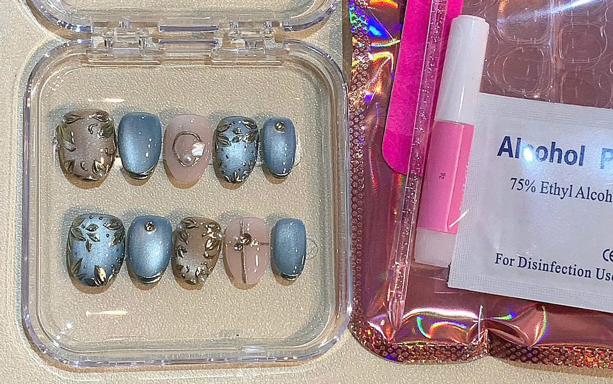 Blue Gold Leaf Press On Nails: Elegant Pearl Wedding Nail Art