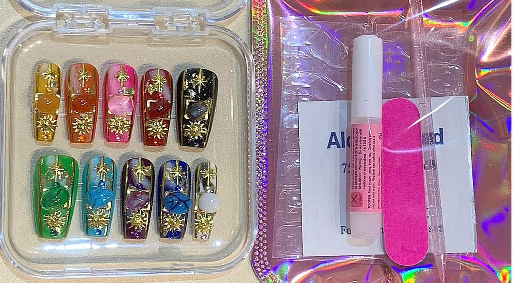 Celestial Gemstone Press On Nails: Handmade Astrology Nail Art with Stars & Crystals