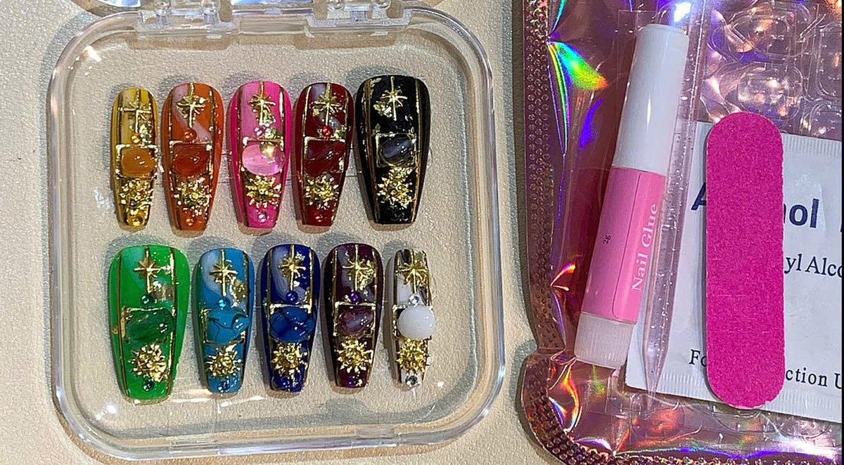Celestial Gemstone Press On Nails: Handmade Astrology Nail Art with Stars & Crystals