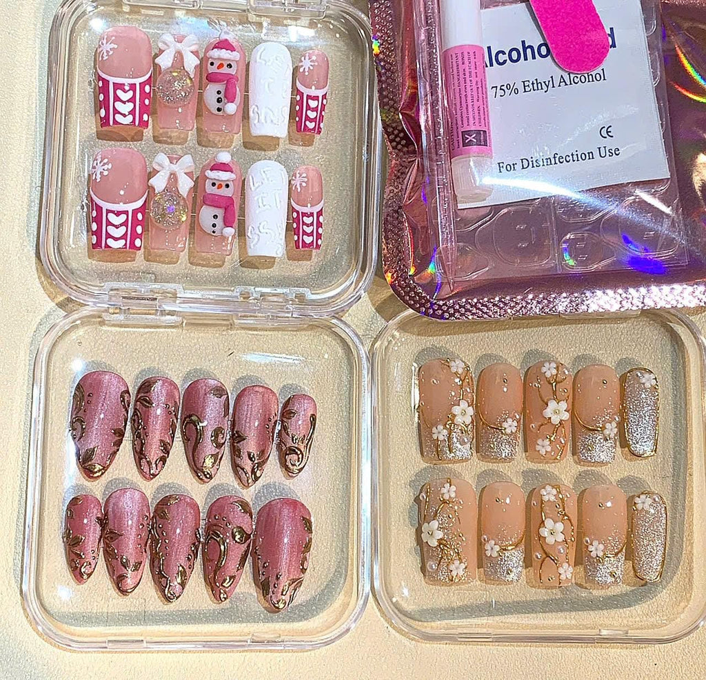 Floral Press On Nails | Nude, Gold Glitter, 3D Flower | Handmade
