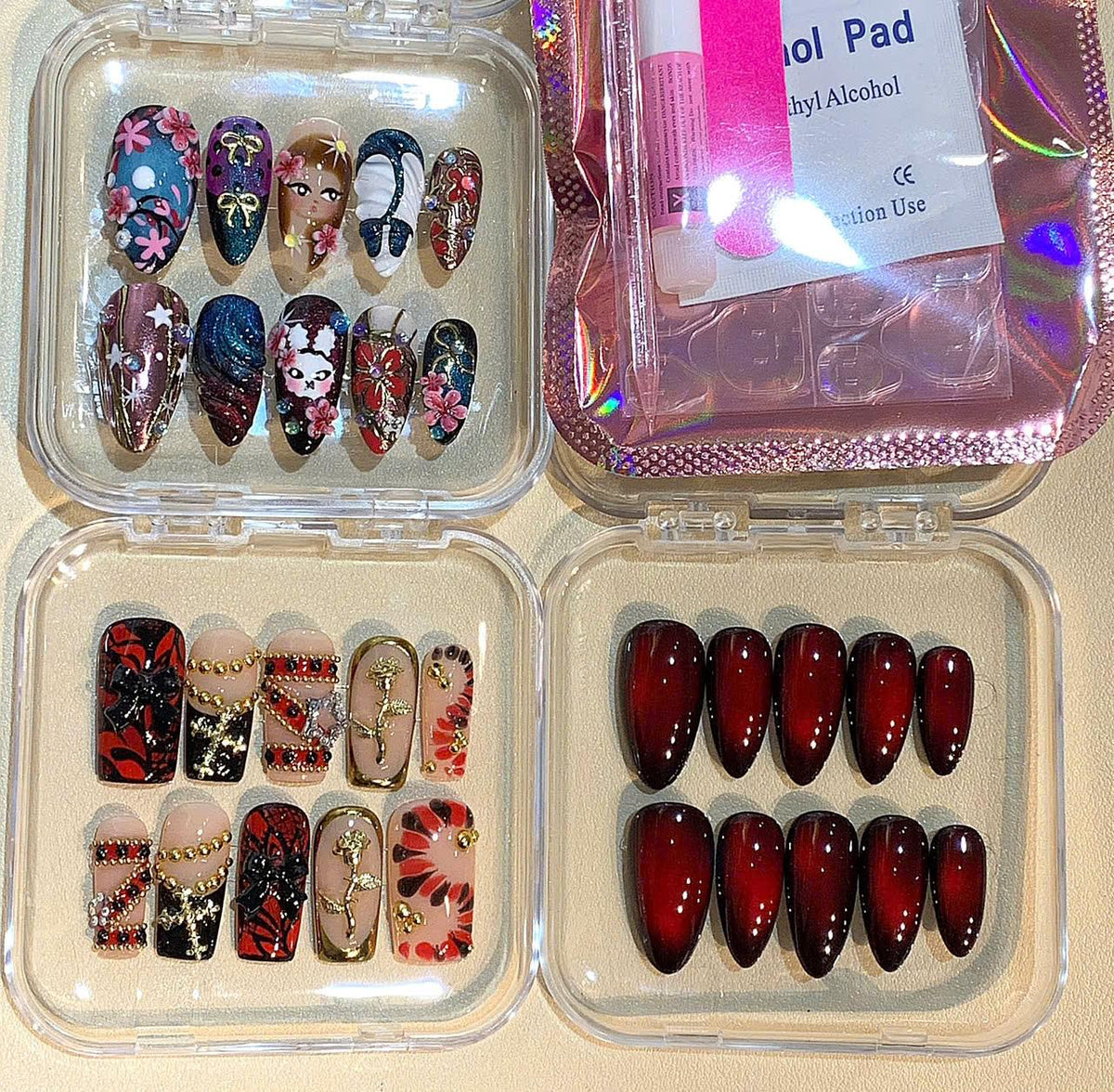 Gothic Press On Nails: Red Black Rose, Cross Charms & 3D Details