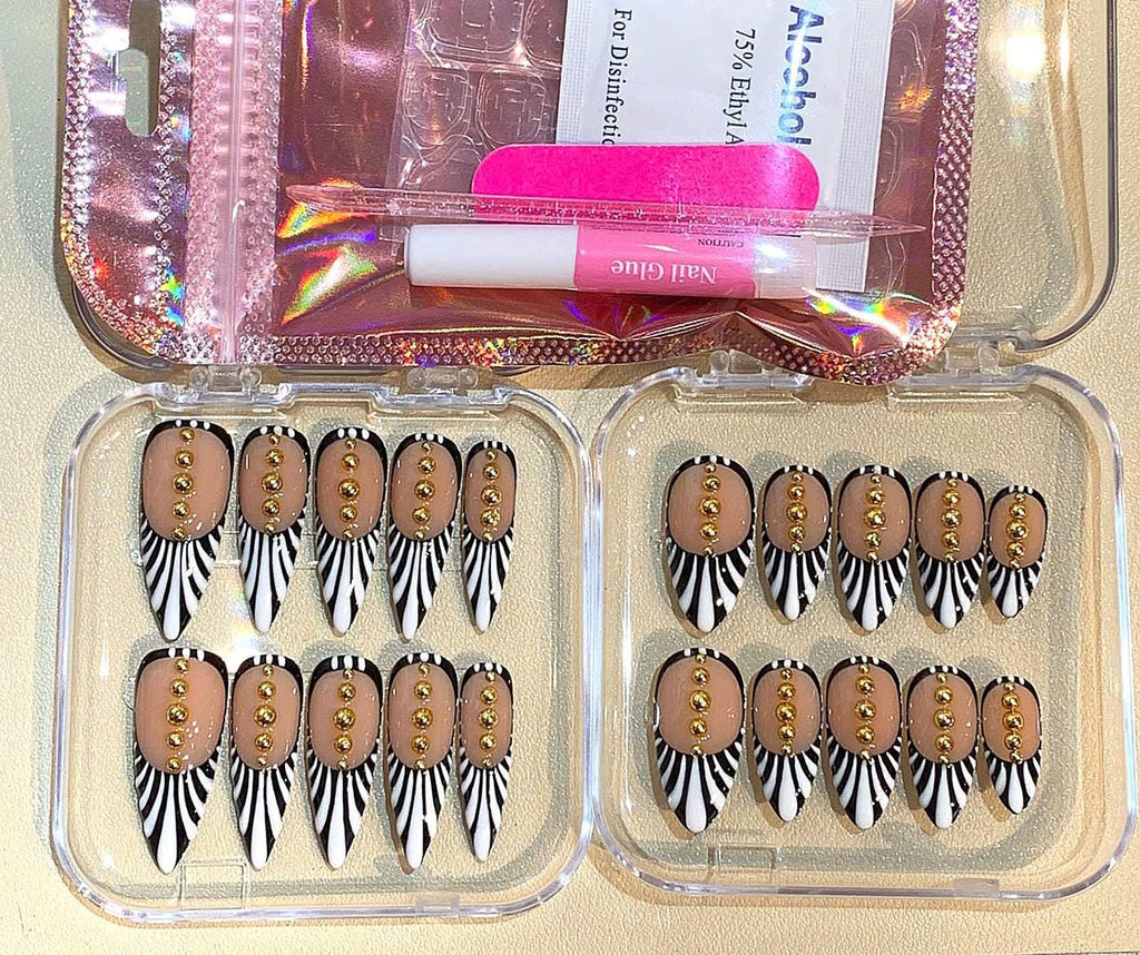 Handmade Zebra Stripe Press On Nails: Black, White & Gold