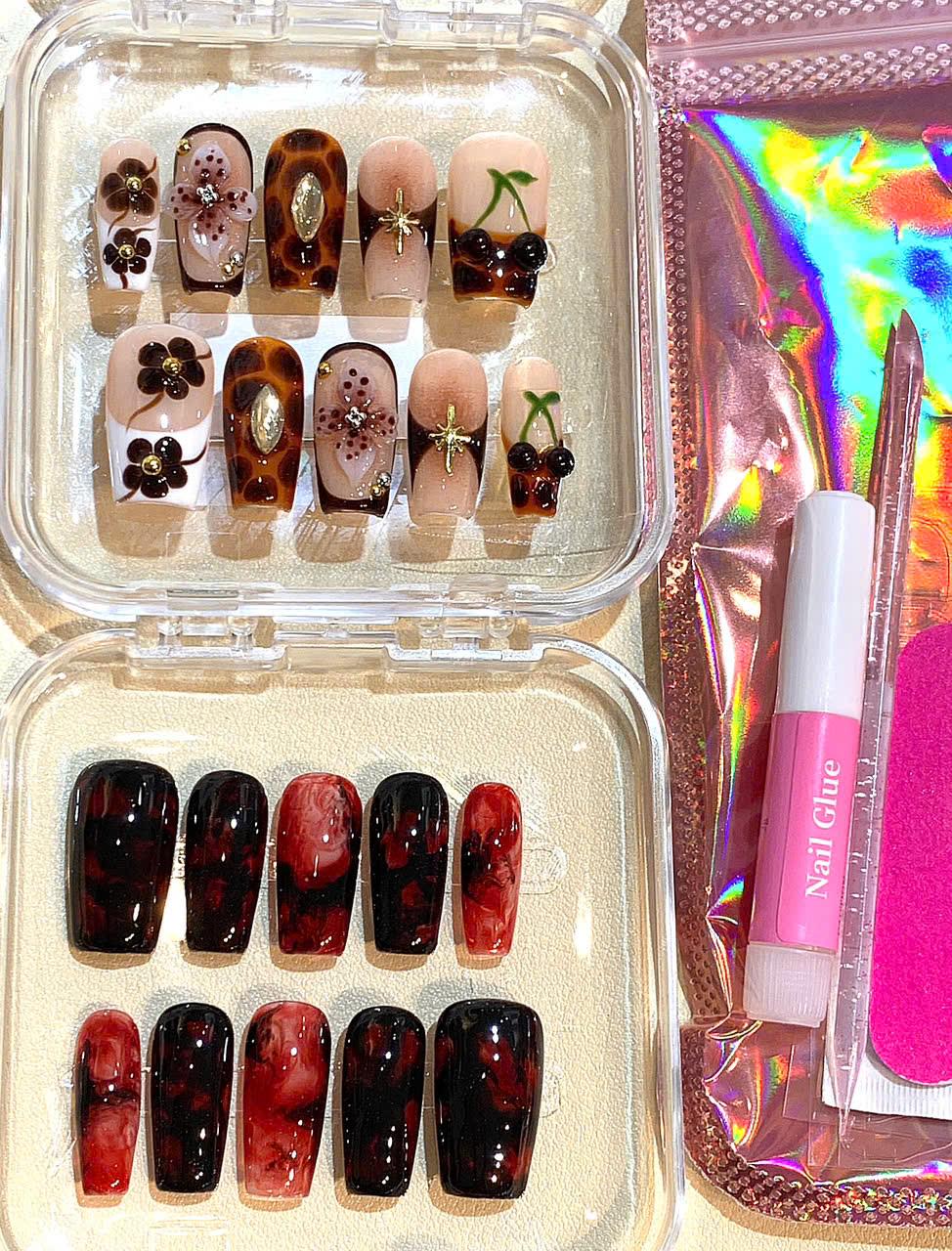 Tortoiseshell Flower Press On Nails: 3D Floral Nail Art with Gold Charms