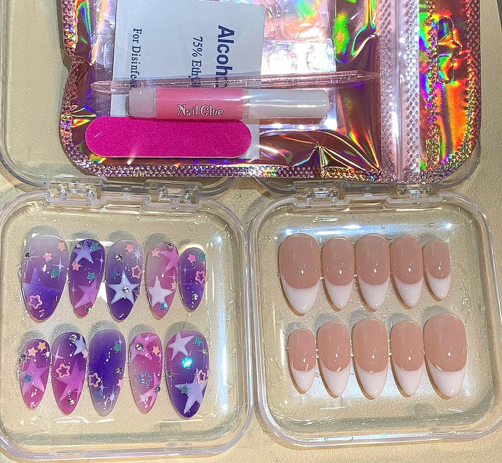 Y2K Star Press On Nails: Purple Pink Cosmic Ombre, Celestial Glitter