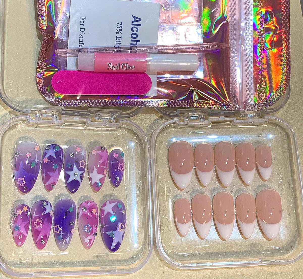 Y2K Star Press On Nails: Purple Pink Cosmic Ombre, Celestial Glitter