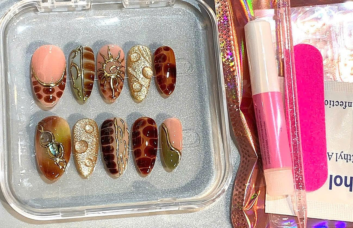 Boho Press On Nails: Gold Celestial Sun & Moon Design