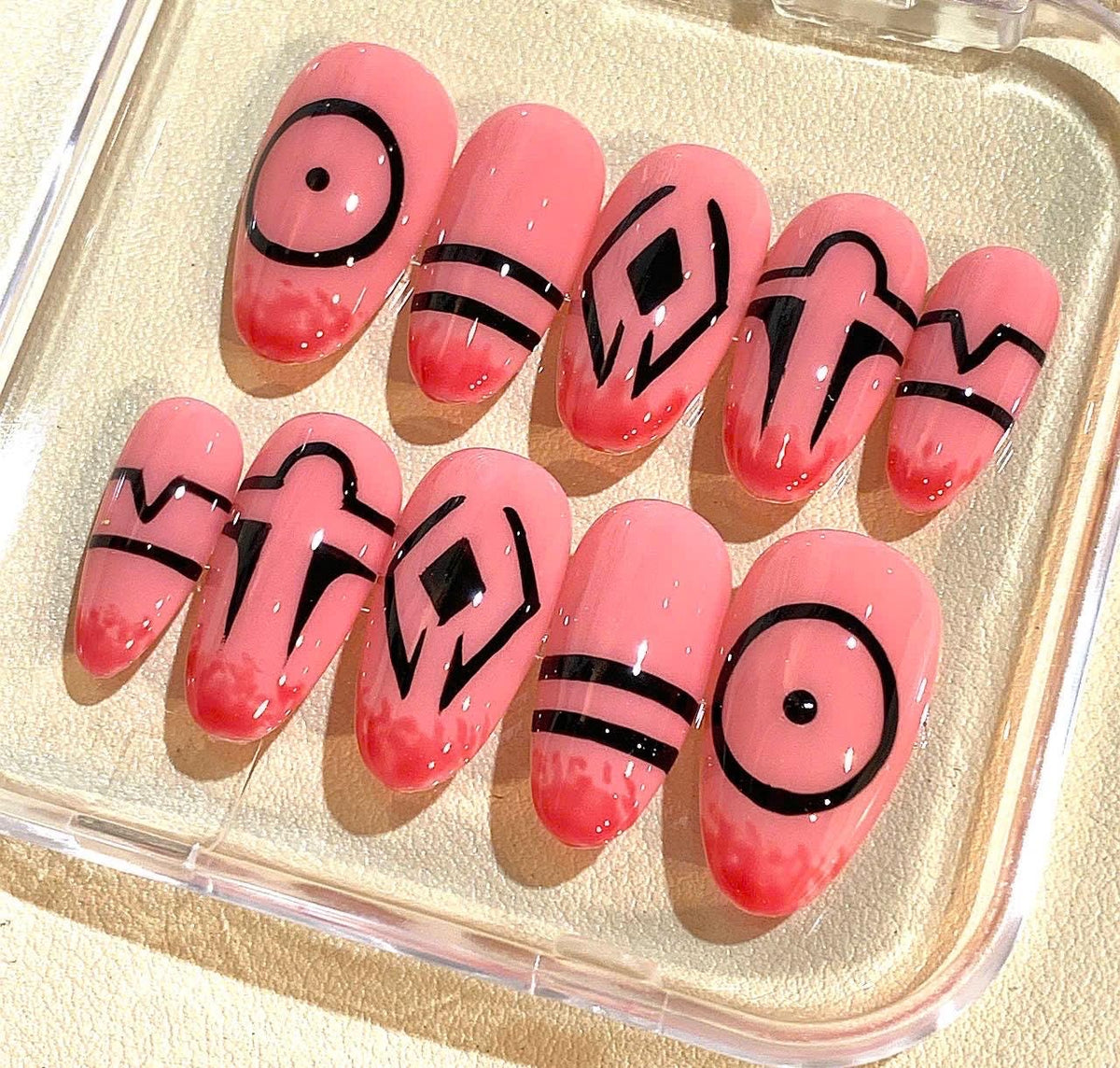 Handmade Geometric Press On Nails: Pink Abstract Line Art