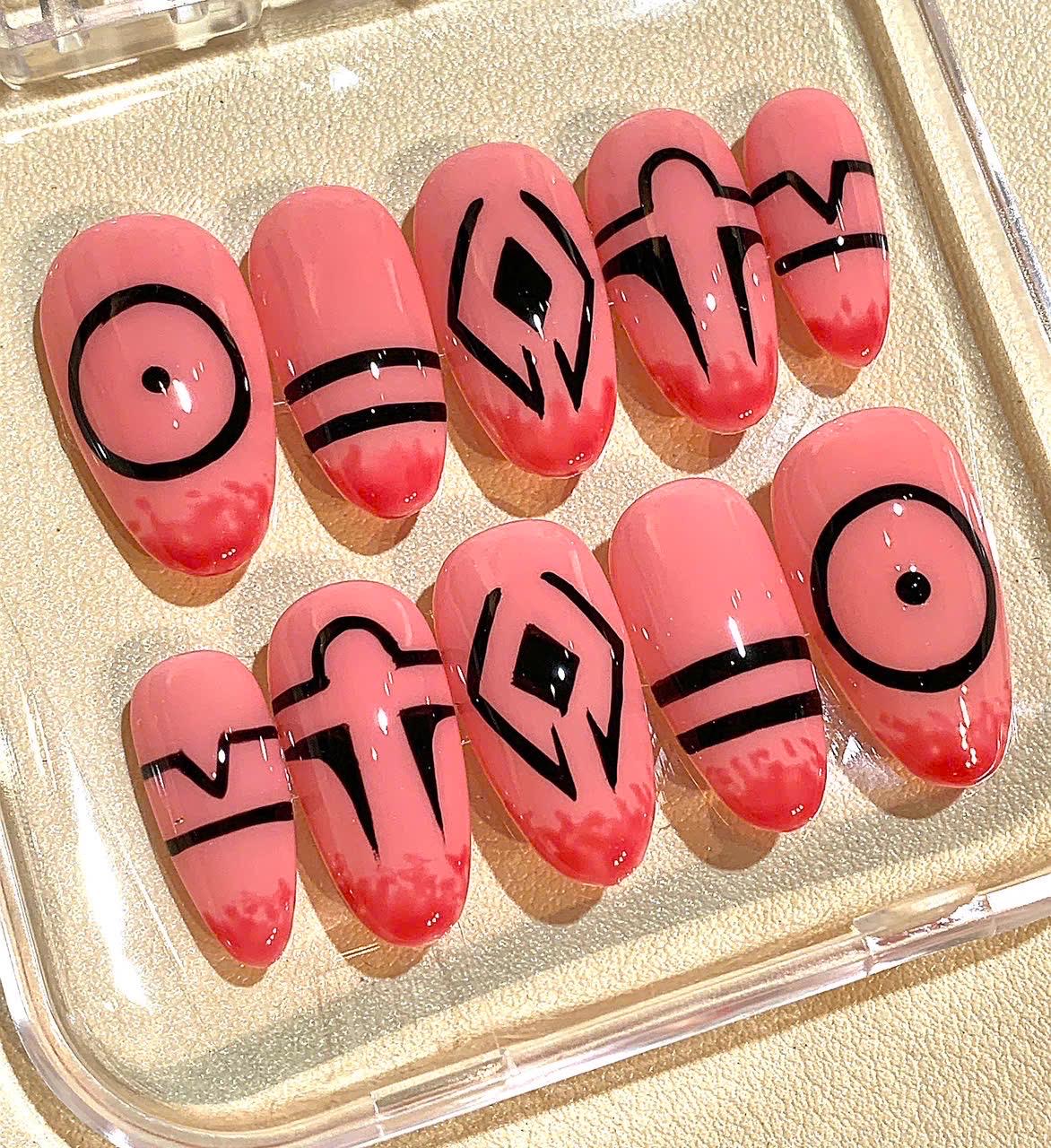 Handmade Geometric Press On Nails: Pink Abstract Line Art