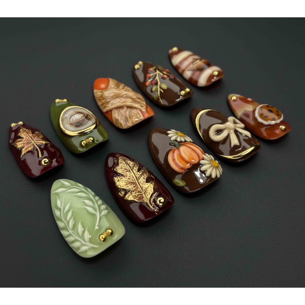 Handmade Autumn Harvest Press On Nails| Brown Green Cozy Nail Art| Pumpkin Leaf Coffee Cookie Sweater Accents| Short Nails For Fall Vibe