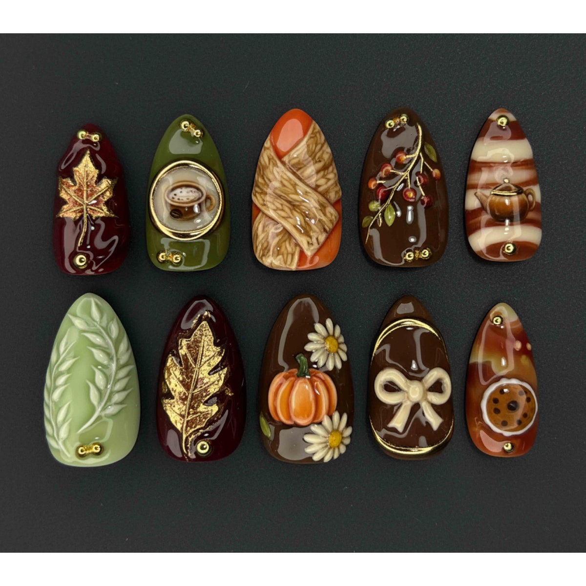 Handmade Autumn Harvest Press On Nails| Brown Green Cozy Nail Art| Pumpkin Leaf Coffee Cookie Sweater Accents| Short Nails For Fall Vibe