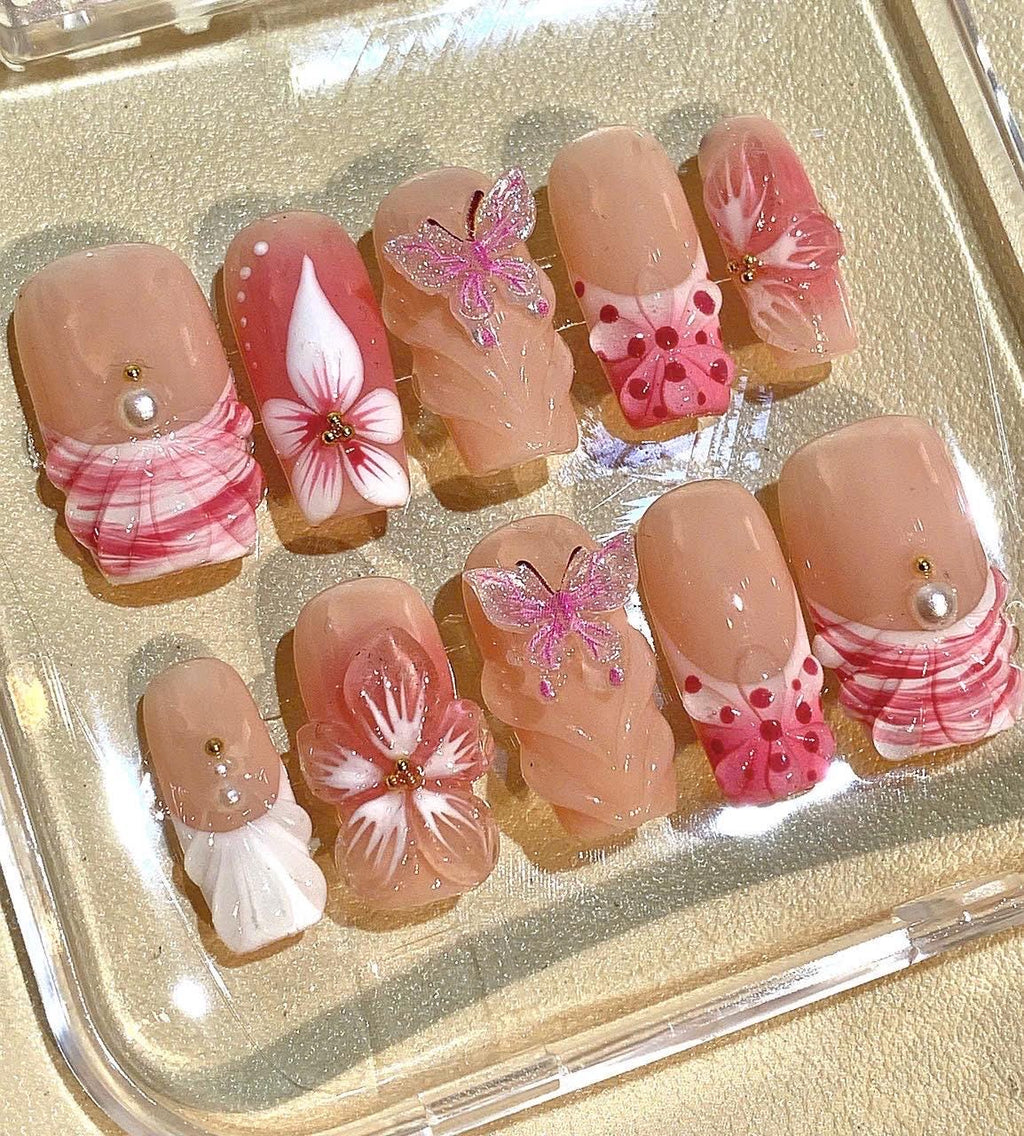 3D Butterfly Press On Nails – Floral Pearl Handmade Nail Art