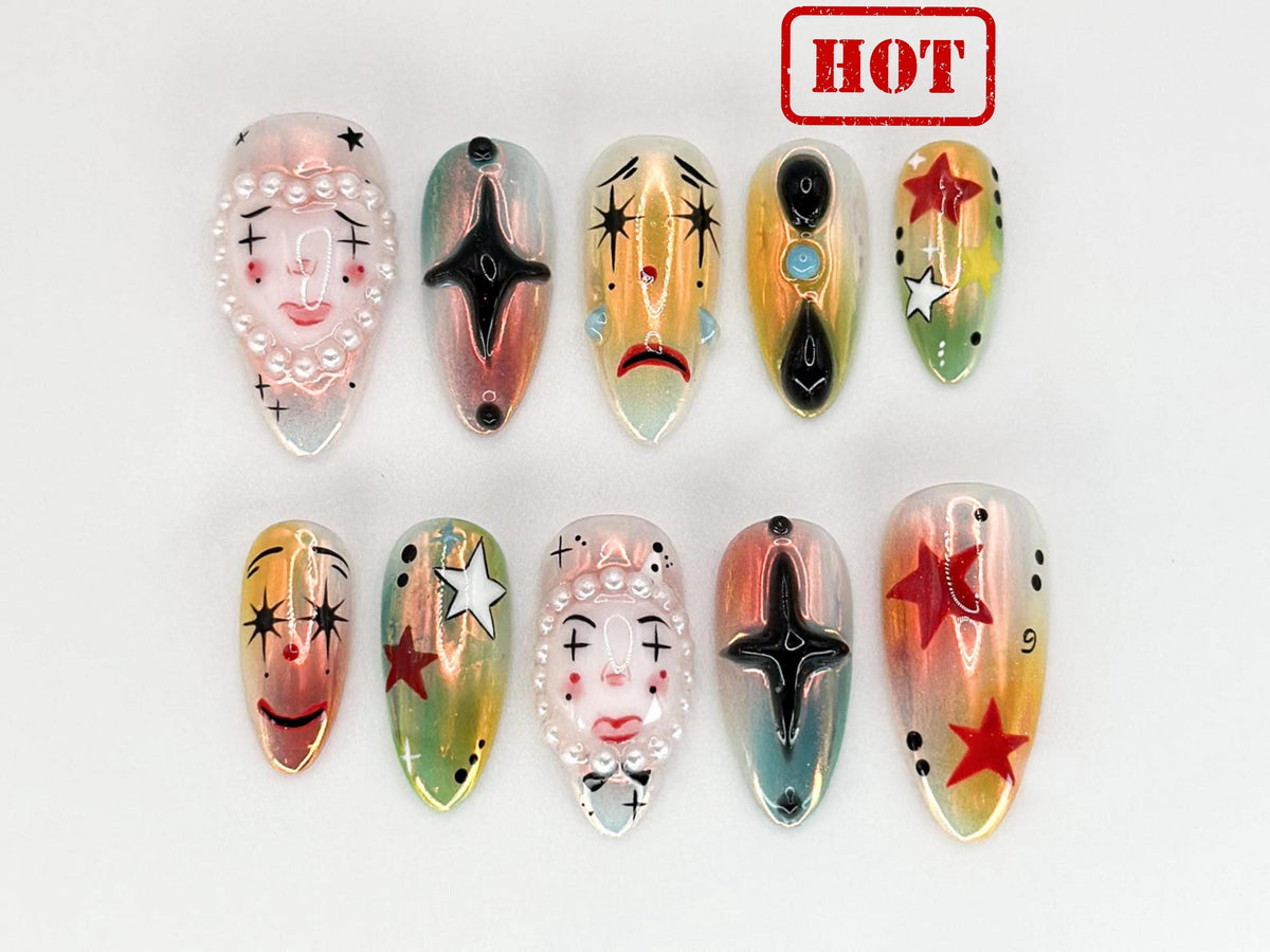 Artistic Clown-Themed Press On Nails |  Bold and Vibrant Carnival-Inspired Design | Unique and Artistic Nail Design| Limited Edition|JB578HK