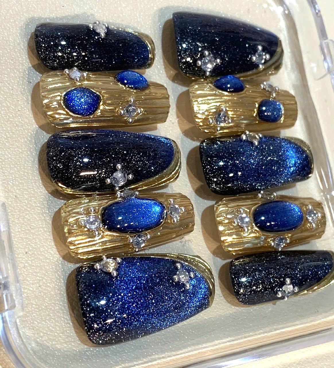 Blue Galaxy Press On Nails: Handmade Glitter, Gold Foil, Rhinestones