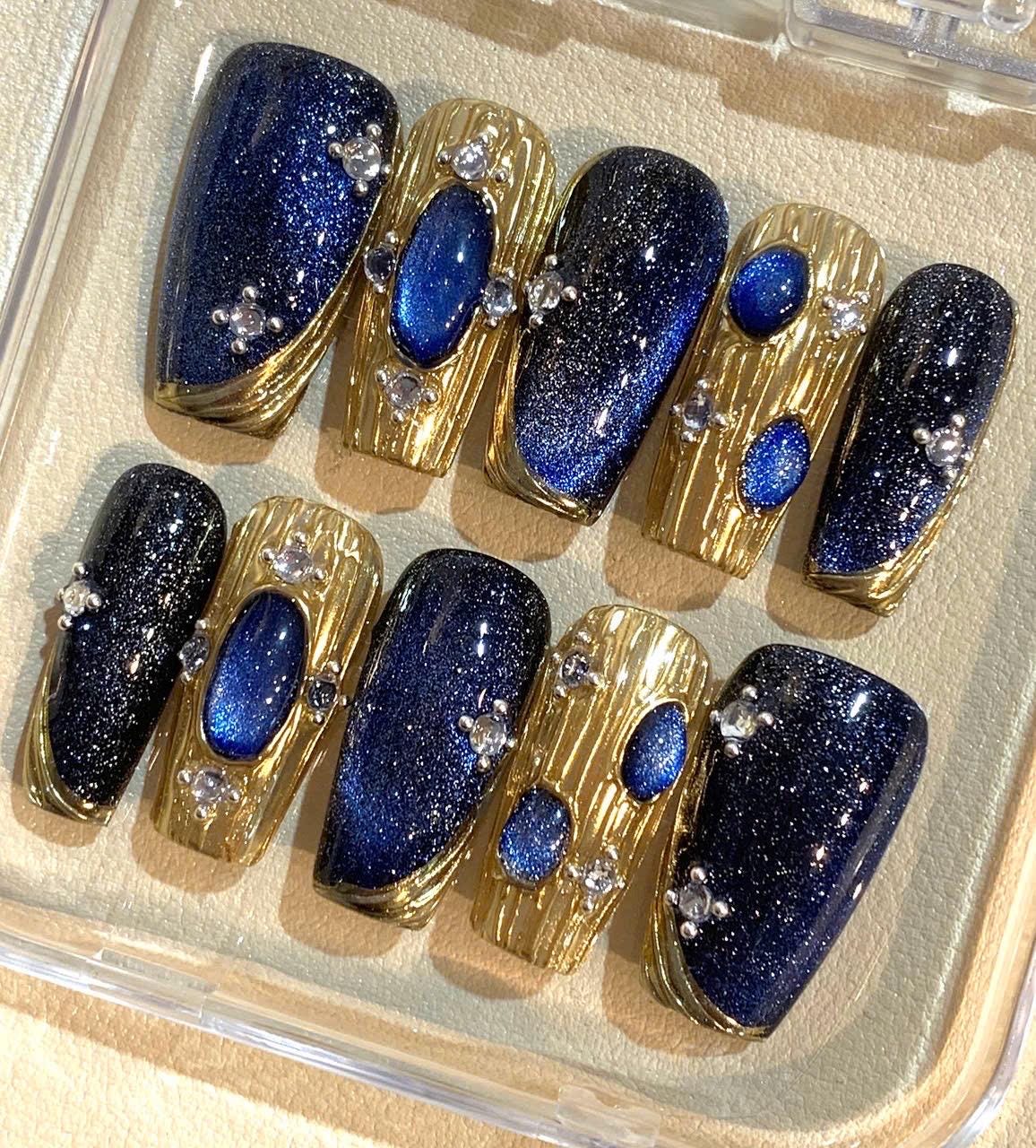 Blue Galaxy Press On Nails: Handmade Glitter, Gold Foil, Rhinestones