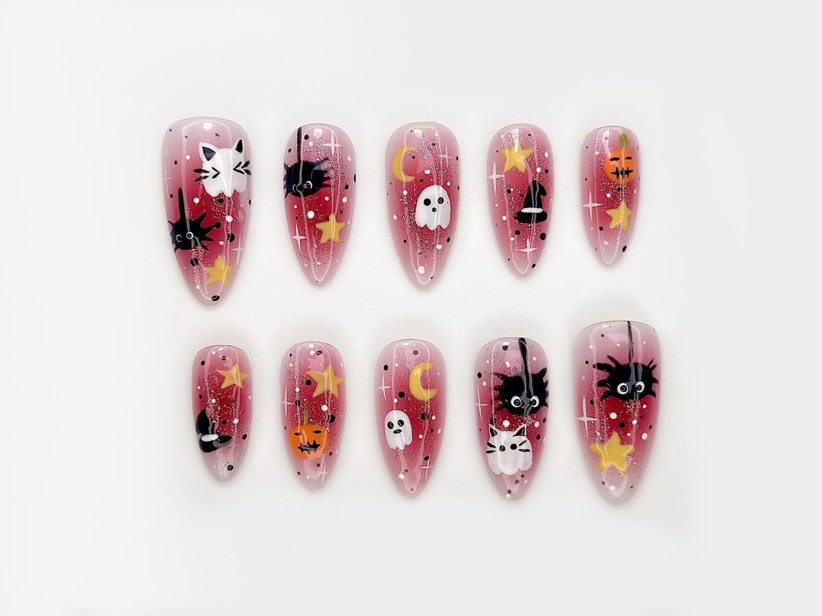 Spooky Kawaii Halloween Press On Nails | Pink Ghost & Pumpkin Nail Art | Cat and Witch Hat Cute Nails | Handmade 3D Halloween Nails |JB179EK