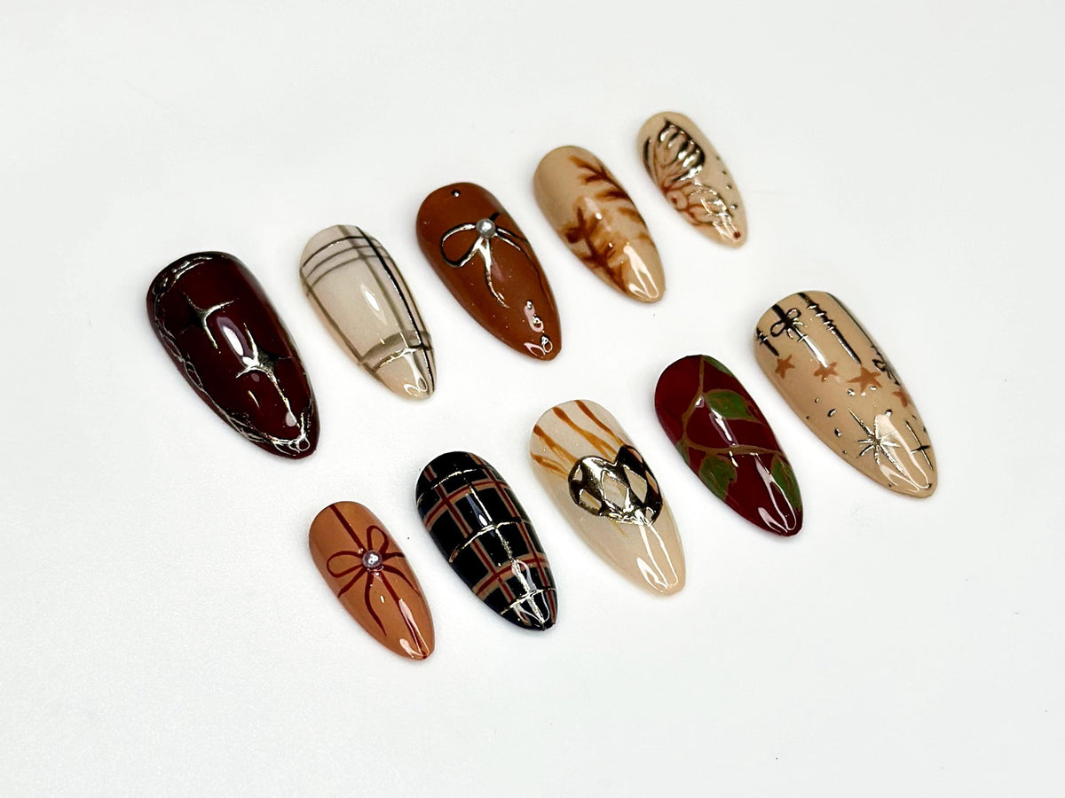 Elegance Fall Press On Nails | Chic Neutral Tones & Metallic Accents | Handmade Autumn-Inspired Stiletto Nails | Neutral Nail Art | JB177HK