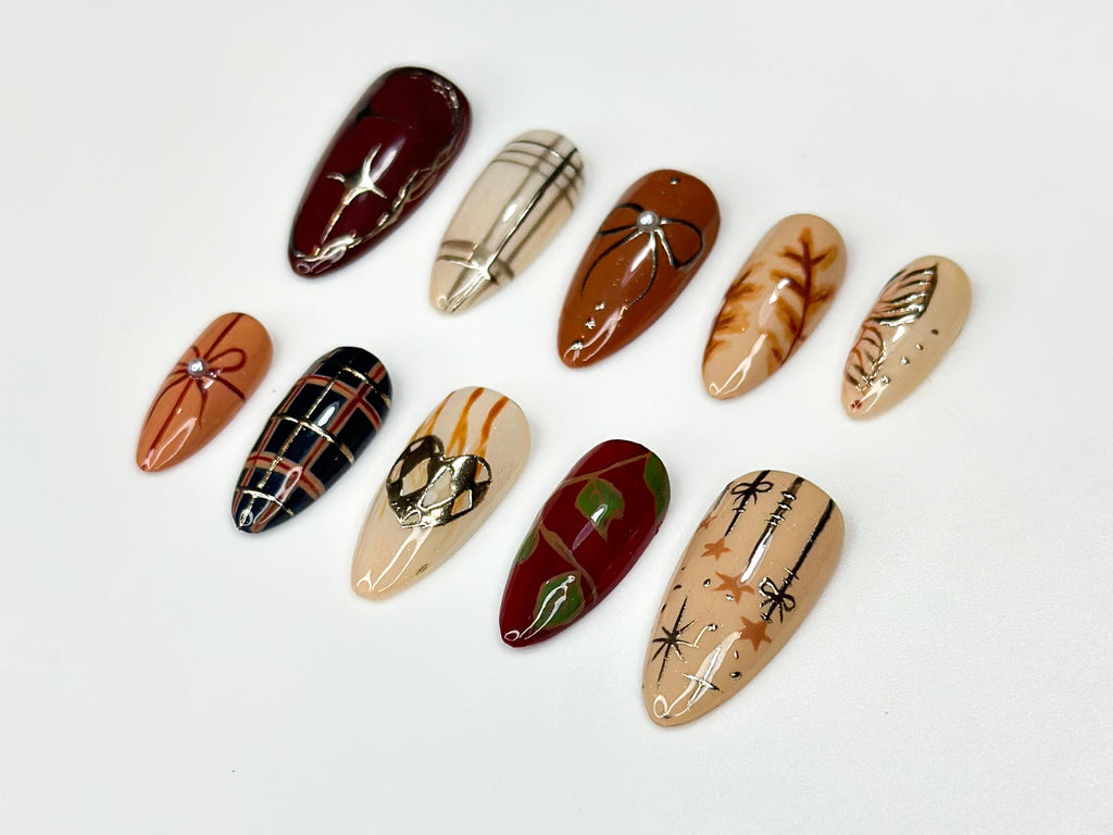 Elegance Fall Press On Nails | Chic Neutral Tones & Metallic Accents | Handmade Autumn-Inspired Stiletto Nails | Neutral Nail Art | JB177HK
