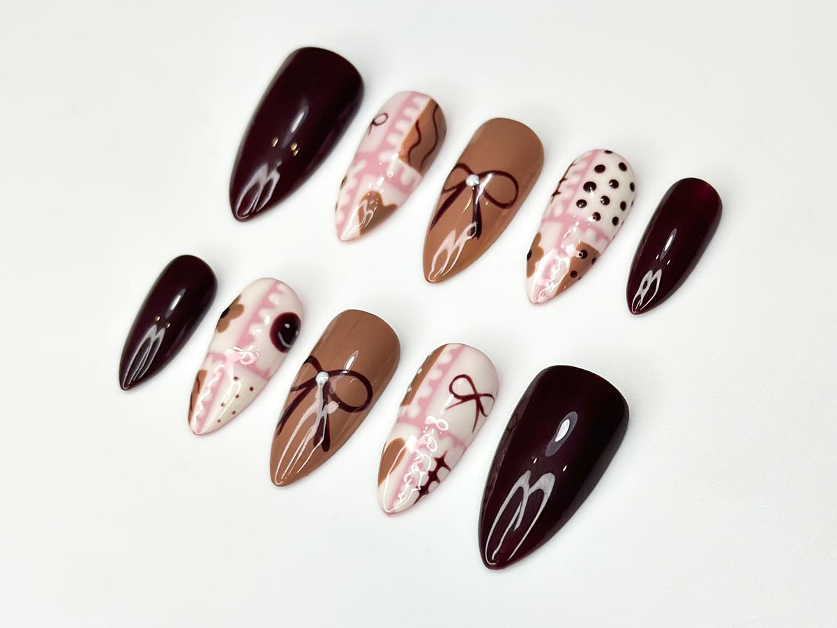 Chocolate Autumn Press On Nails | Sweet Treats-Inspired Nail Art | Soft Pink & Brown Handcrafted Design | Handmade Unique Nail Set | JB182HC