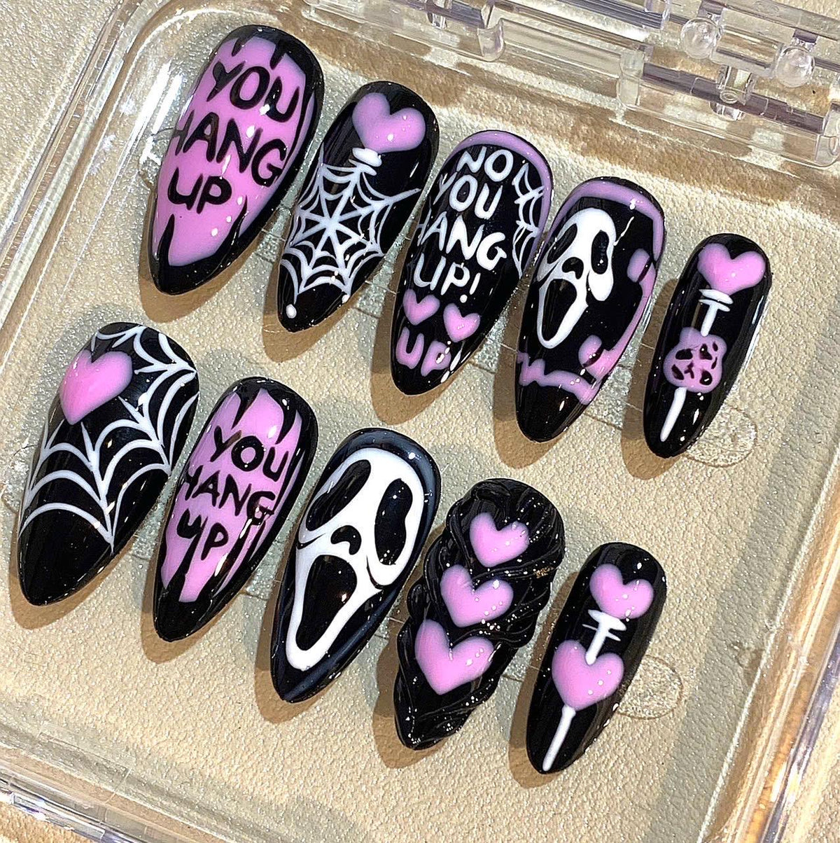 Horror Scream Press On Nails: Pink Black Spooky Spider Web Nail Art
