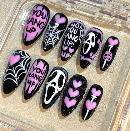 Horror Scream Press On Nails: Pink Black Spooky Spider Web Nail Art