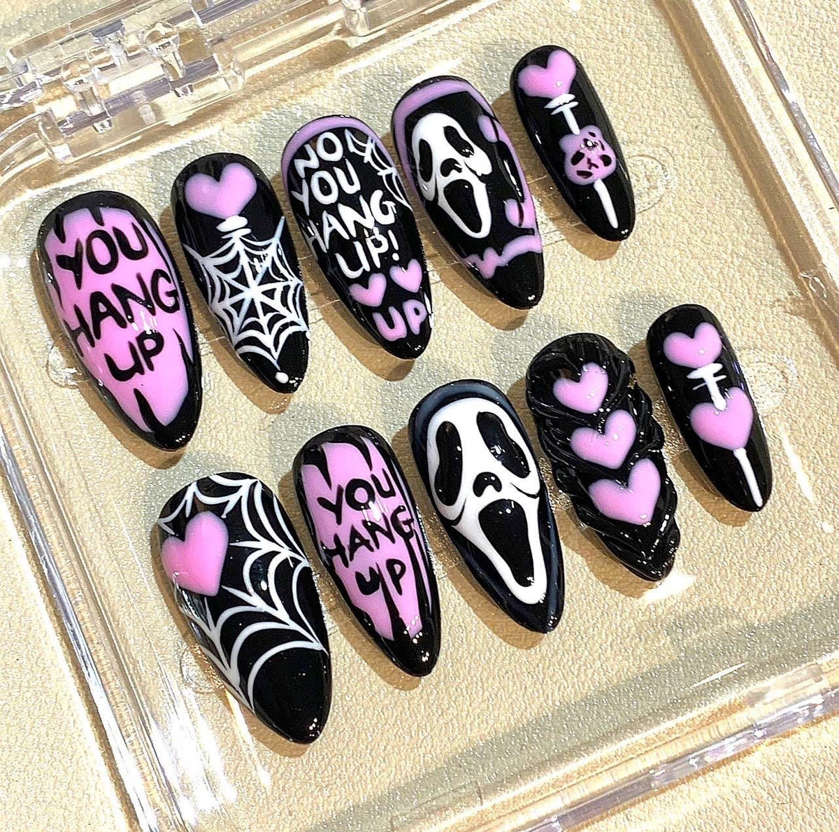 Horror Scream Press On Nails: Pink Black Spooky Spider Web Nail Art