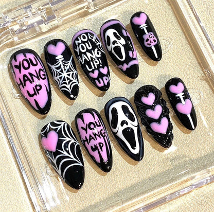 Horror Scream Press On Nails: Pink Black Spooky Spider Web Nail Art