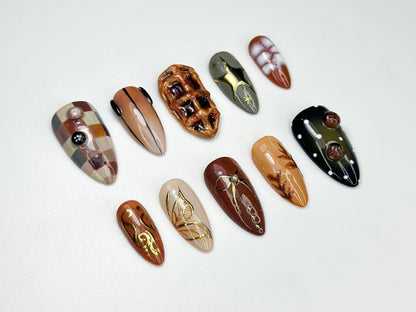 Autumn Brown Press On Nails | Cozy Fall Plaid & 3D Waffle Nail Art | Handmade Neutral Brown Nail | Rustic Autumn Inspired Press Ons |JB161HK