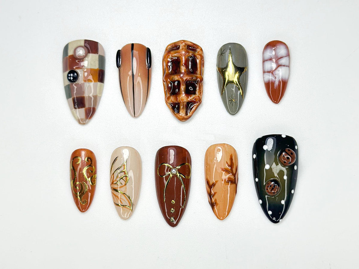 Autumn Brown Press On Nails | Cozy Fall Plaid & 3D Waffle Nail Art | Handmade Neutral Brown Nail | Rustic Autumn Inspired Press Ons |JB161HK