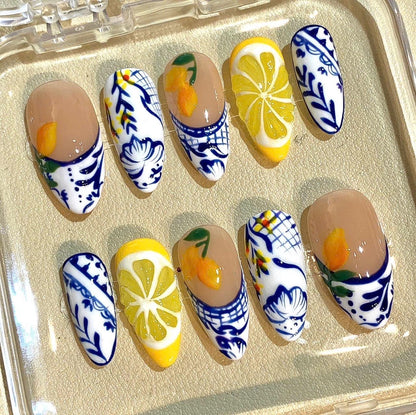 Handmade Ceramic Style Lemon Press On Nails: Mediterranean Citrus Design
