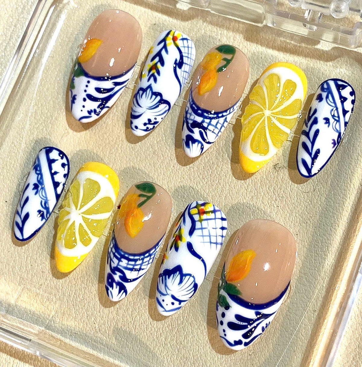 Handmade Ceramic Style Lemon Press On Nails: Mediterranean Citrus Design