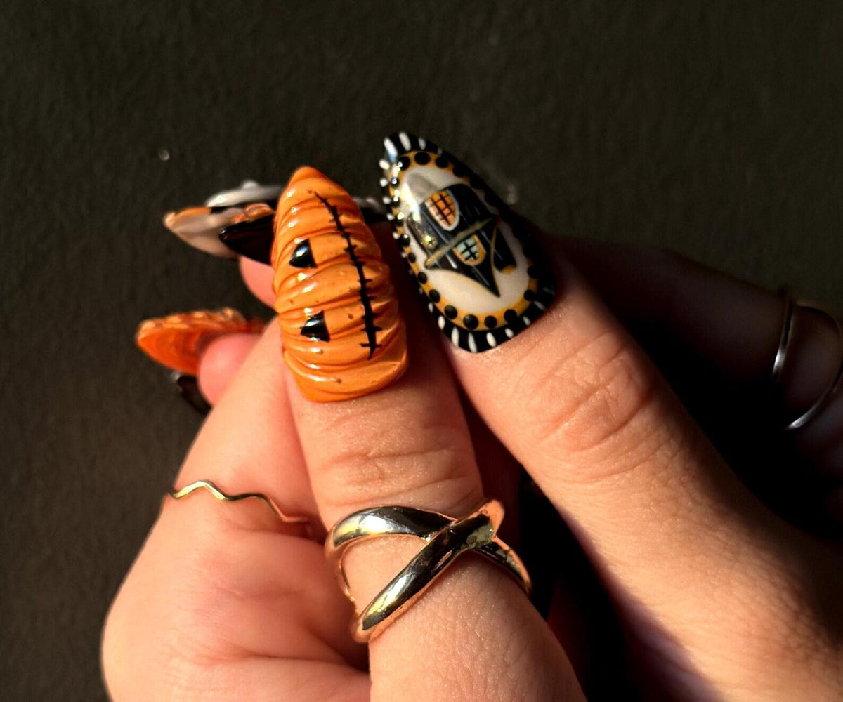 Pumpkin Halloween Press On Nails | 3D Halloween Nail Art | Handmade Ghost & Pumpkin Nails | Spooky Haunted House Nail Design | JB164HC