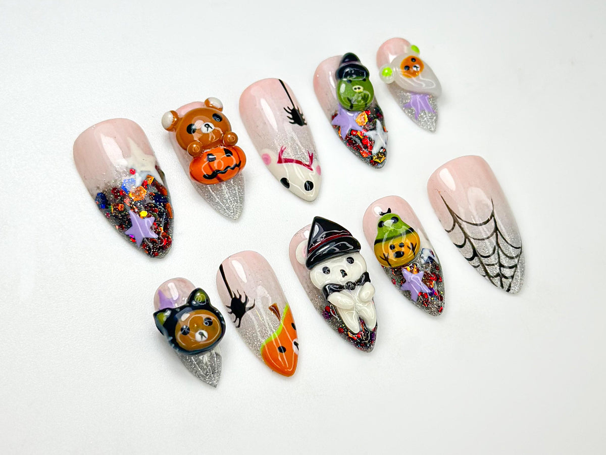 Halloween Kawaii Bear Press On Nails | Handmade Cute & Creepy Nail Art | Glitter Witch Pumpkin Design | Unique Pastel Press Ons | JB166HC