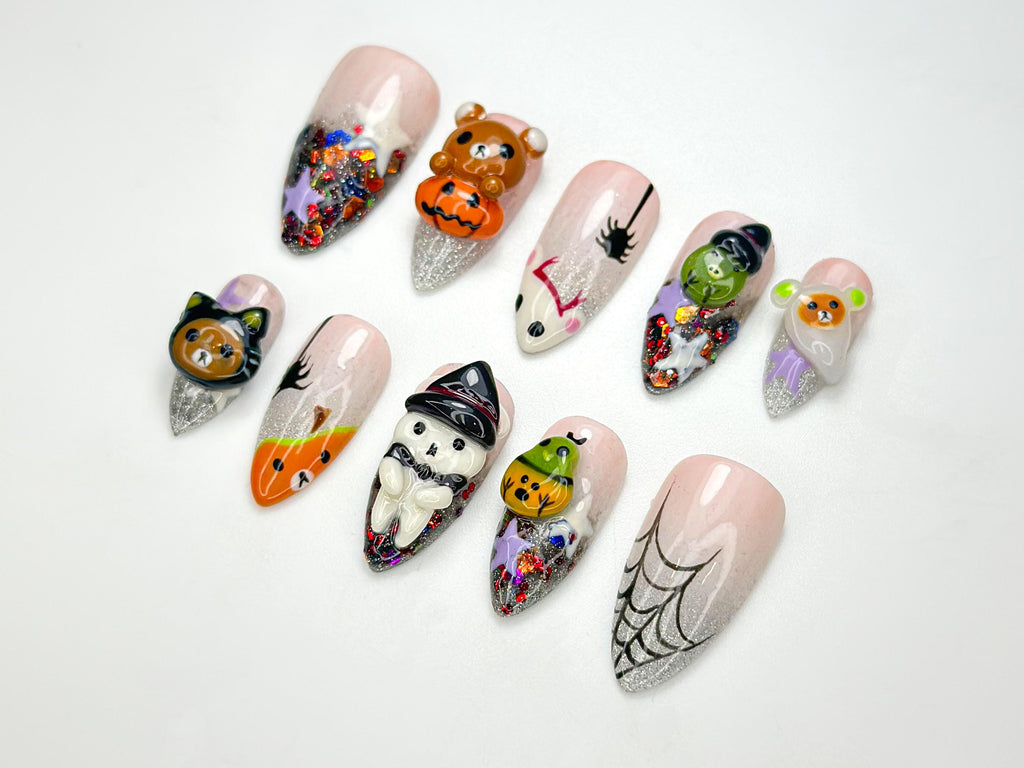 Halloween Kawaii Bear Press On Nails | Handmade Cute & Creepy Nail Art | Glitter Witch Pumpkin Design | Unique Pastel Press Ons | JB166HC