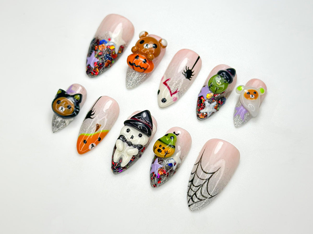 Halloween Kawaii Bear Press On Nails | Handmade Cute & Creepy Nail Art | Glitter Witch Pumpkin Design | Unique Pastel Press Ons | JB166HC